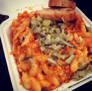 Flaming Dill Mac from Mac Genie Truck - Spicy mac and cheese topped with chopped dill pickles